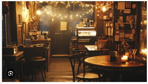 A cozy Seattle coffee shop interior with warm lighting, wooden tables, and espresso bar — representing Pacific Northwest small businesses using AI advertising